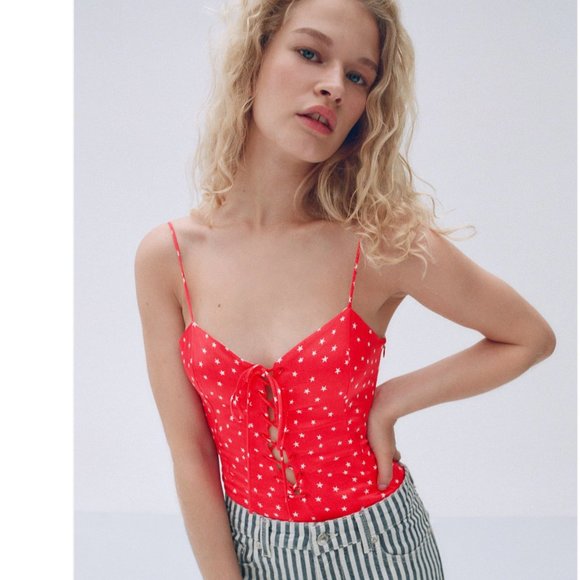 NWT - Zara Red Lace Up Satin Effect Star Print Bodysuit Side Zip - Picture 6 of 7